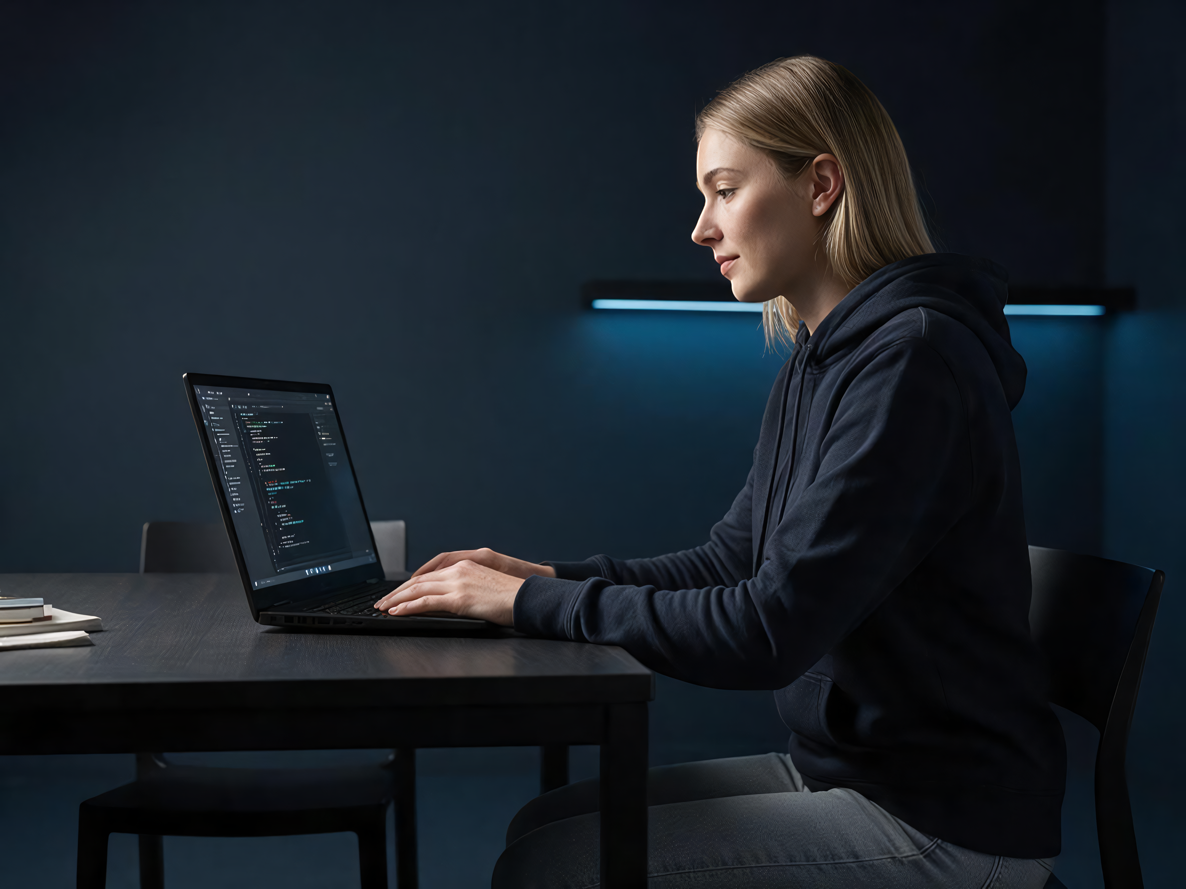 KI-generiertes Bild: Studentin arbeitet an einem refurbished Business-Laptop mit geöffnetem Code-Editor